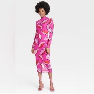 Pink Printed Long-Sleeve Midi Dress